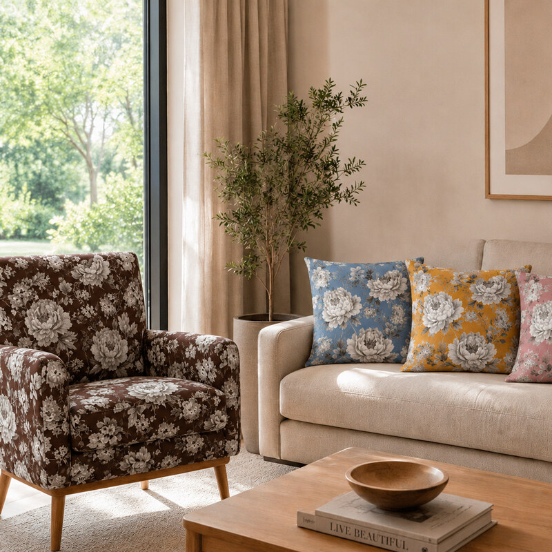 El mismo estampado de flores en sofá y cojines en otros colores – Eumule